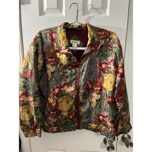 Vintage Bogari 100% Silk Bomber Jacket Women's M Floral Plaid 80s 90s Retro